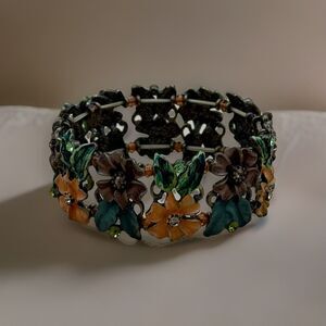 Vintage Tropical Floral Rhinestone Embellished Enamel & Metal Bracelet